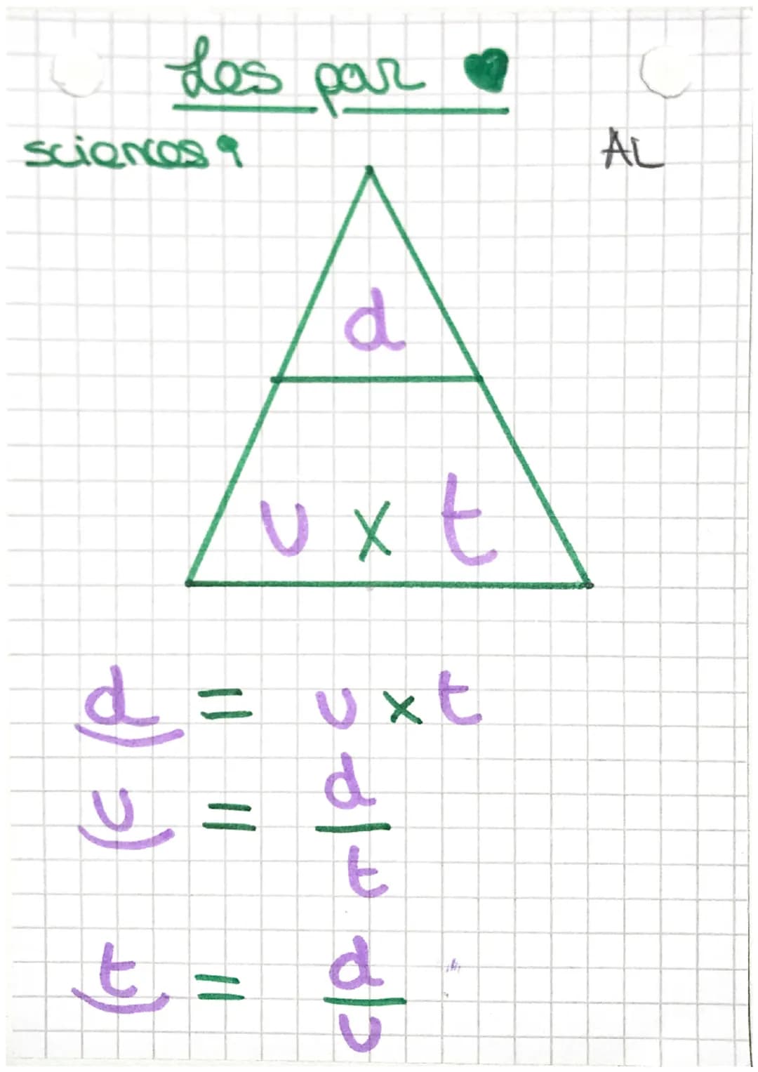 des par
sciences
AL
d
uxt
d = uxt
u = $\frac{d}{t}$
=)
t = $\frac{d}{u}$