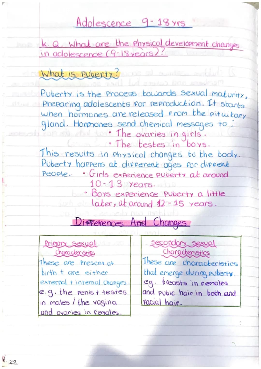 22
# Adolescence 9-18 yrs
k. Q. What are the physical development changes
in adolescence (9-18 years)?
## What is Puberty?
Puberty is the