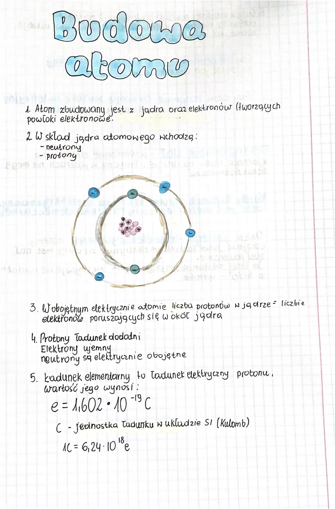 # Budowa
atomu
1. Atom zbudowany jest z jadra oraz elektronów (tworzących
powłoki elektronowe.
2. W skład jądra atomowego wchodzą:
- neut