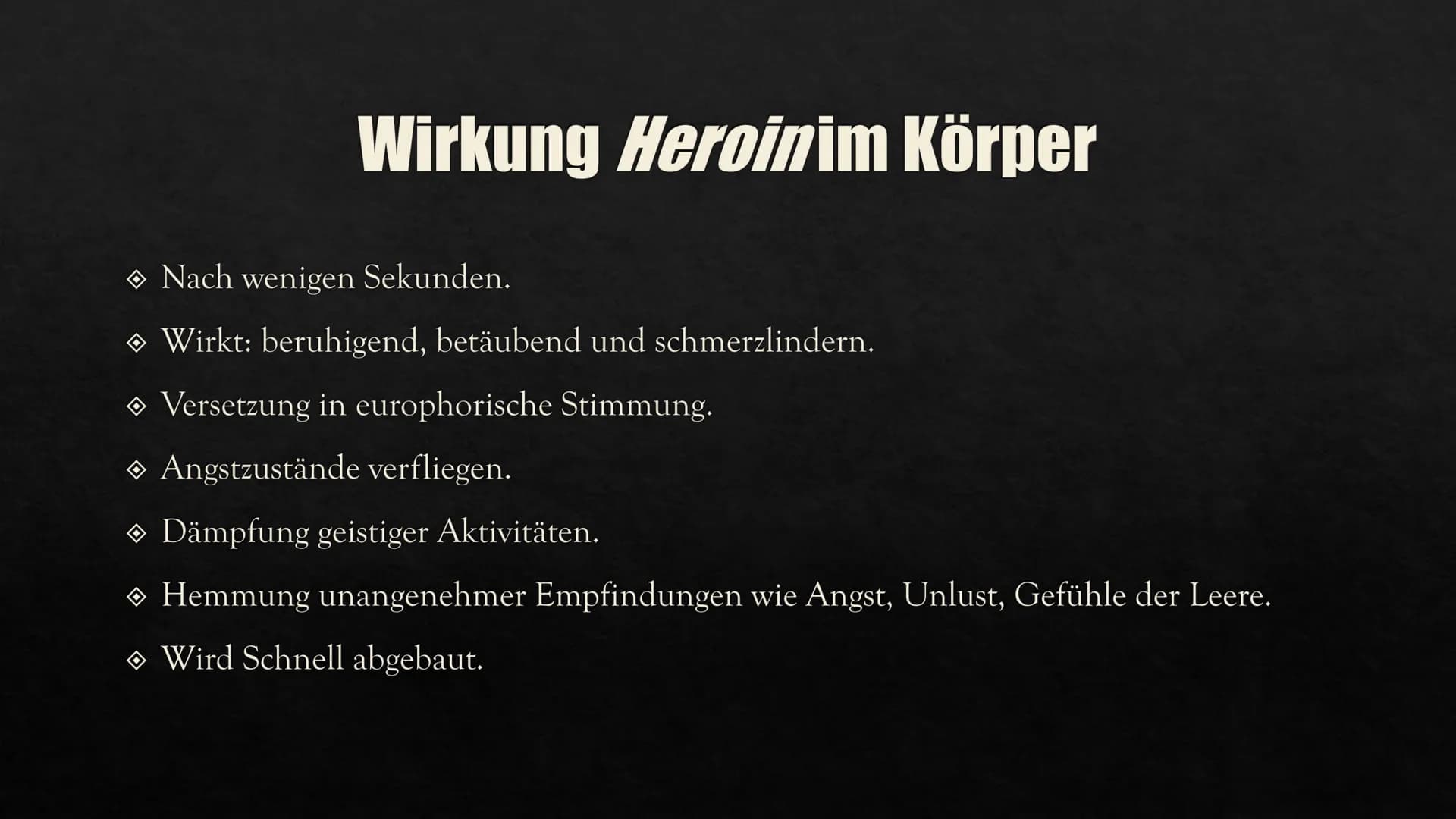 # HEROIN
Eine Präsentation von Aylin INHALTSVERZEICHNIS
GESCHICHTE VON
HERSTELLUNG
HEROIN
WIRKUNG IM
KÖRPER
FOLGEN UND
AUSWIRKUNGEN
CHE