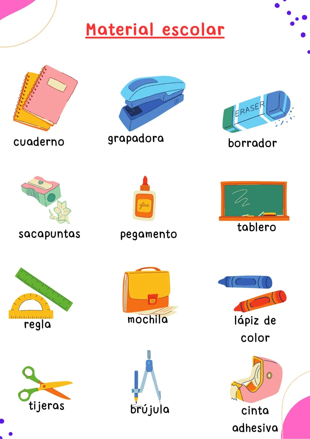 # LES FOURNITURES
## SCOLAIRES
Espagnol # Material escolar
cuaderno
grapadora
///
ERASER
borrador
glue
そ
tablero
sacapuntas
pegamen