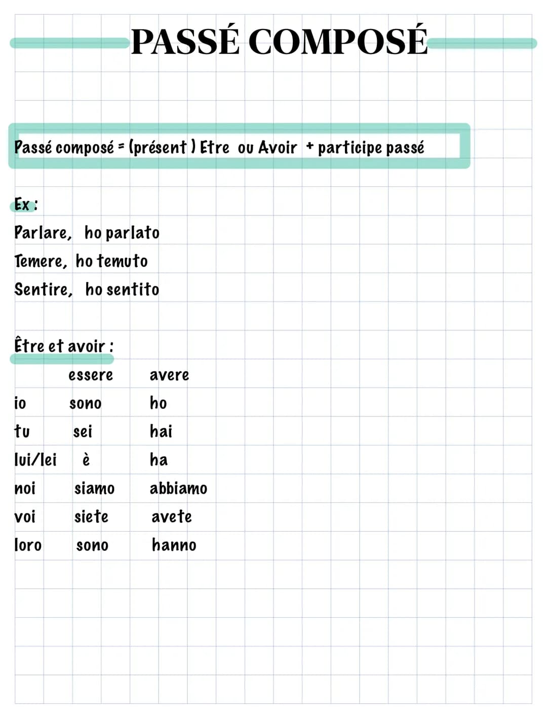 # PASSÉ COMPOSÉ
Passé composé = (présent) Etre ou Avoir + participe passé
Ex:
Parlare, ho parlato
Temere, ho temuto
Sentire, ho sentito