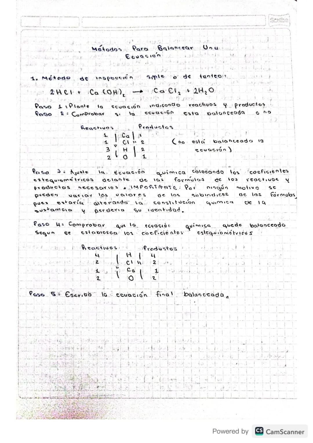 Métodos Para Balancear Unu
Ecuación
Scribe
1. Método de inspección siple o de tanteo:
2HCI+ Ca (OH)₂ → CaCl₂ + 2H₂O
Paso 1: Plante la ccua