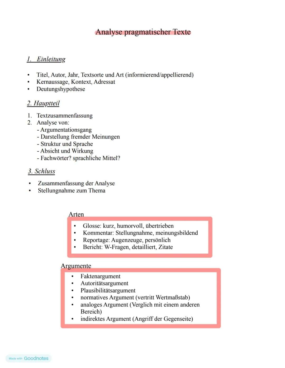 # Analyse pragmatischer Texte
1. Einleitung
* Titel, Autor, Jahr, Textsorte und Art (informierend/appellierend)
* Kernaussage, Kontext,