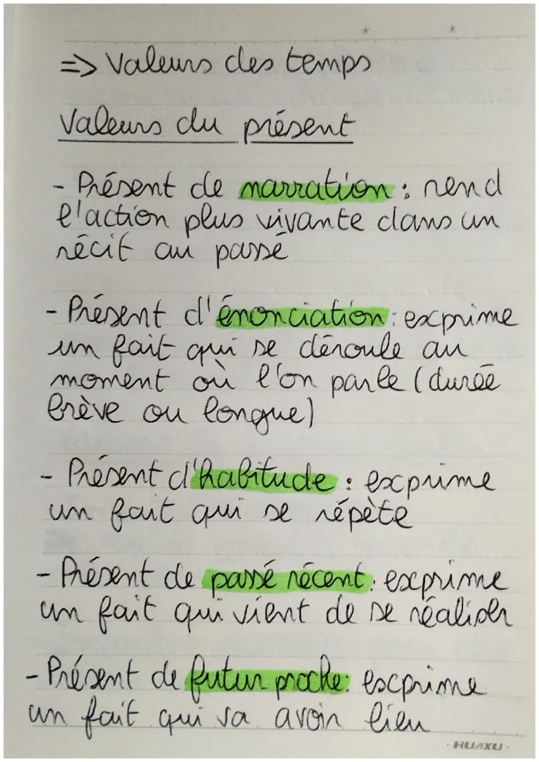 - ⇒ Valeurs des temps
Valeurs du présent
- Présent de narration: rend
e'action plus vivante clans un
récit au passé
- Présent d'énonciati
