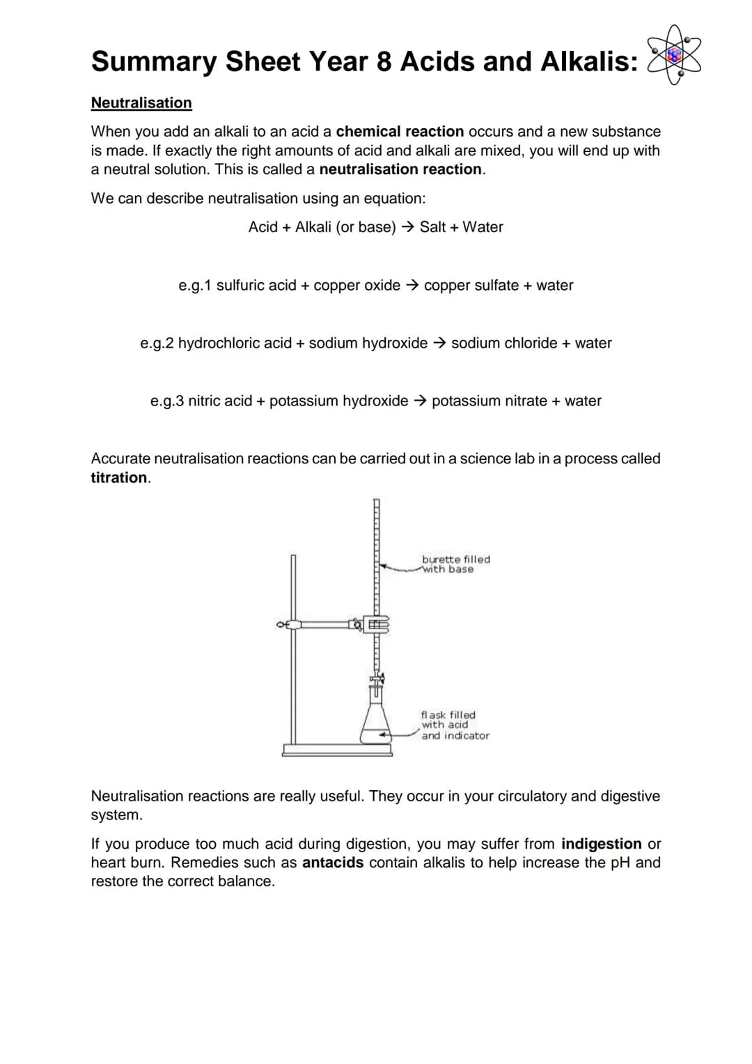 # Summary Sheet Year 8 Acids and Alkalis:
Acids and Alkalis
Acids and alkalis are two groups of chemicals which are incredibly useful in e