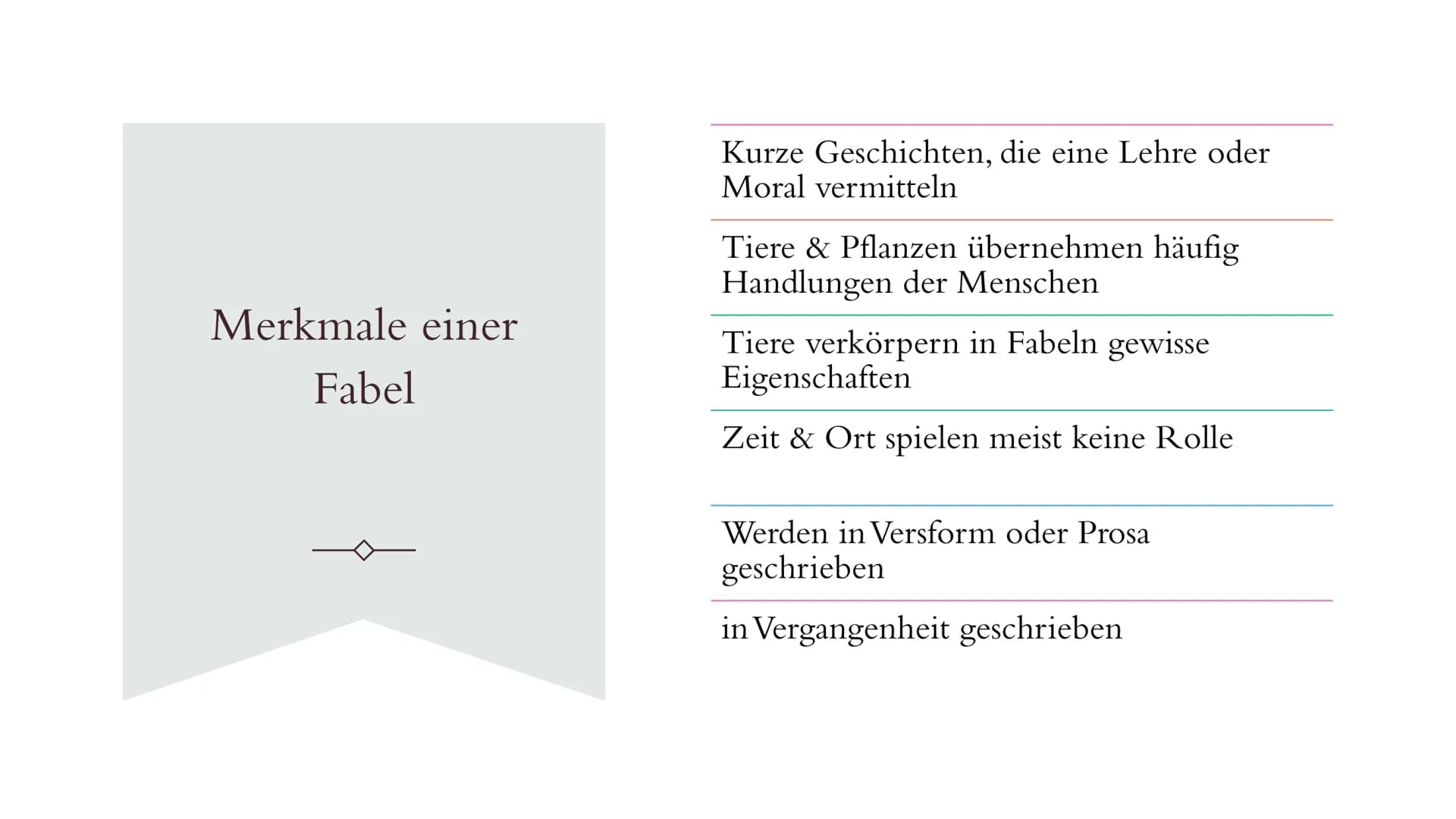 FABELN
Was sind Fabeln?
Kurze Geschichten
Tiere oder Pflanzen übernehmen die
Handlungen von Menschen
Lehre & Moral
Fabel = Geschichte