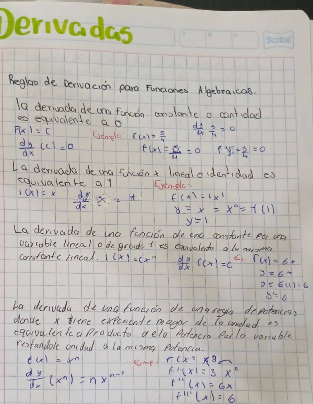 # Derivadas
Reglas de Derivación para Funciones Algebraicas.
la derivada de una función constante o cantidad
es equivalente a o
F(x) = C
E