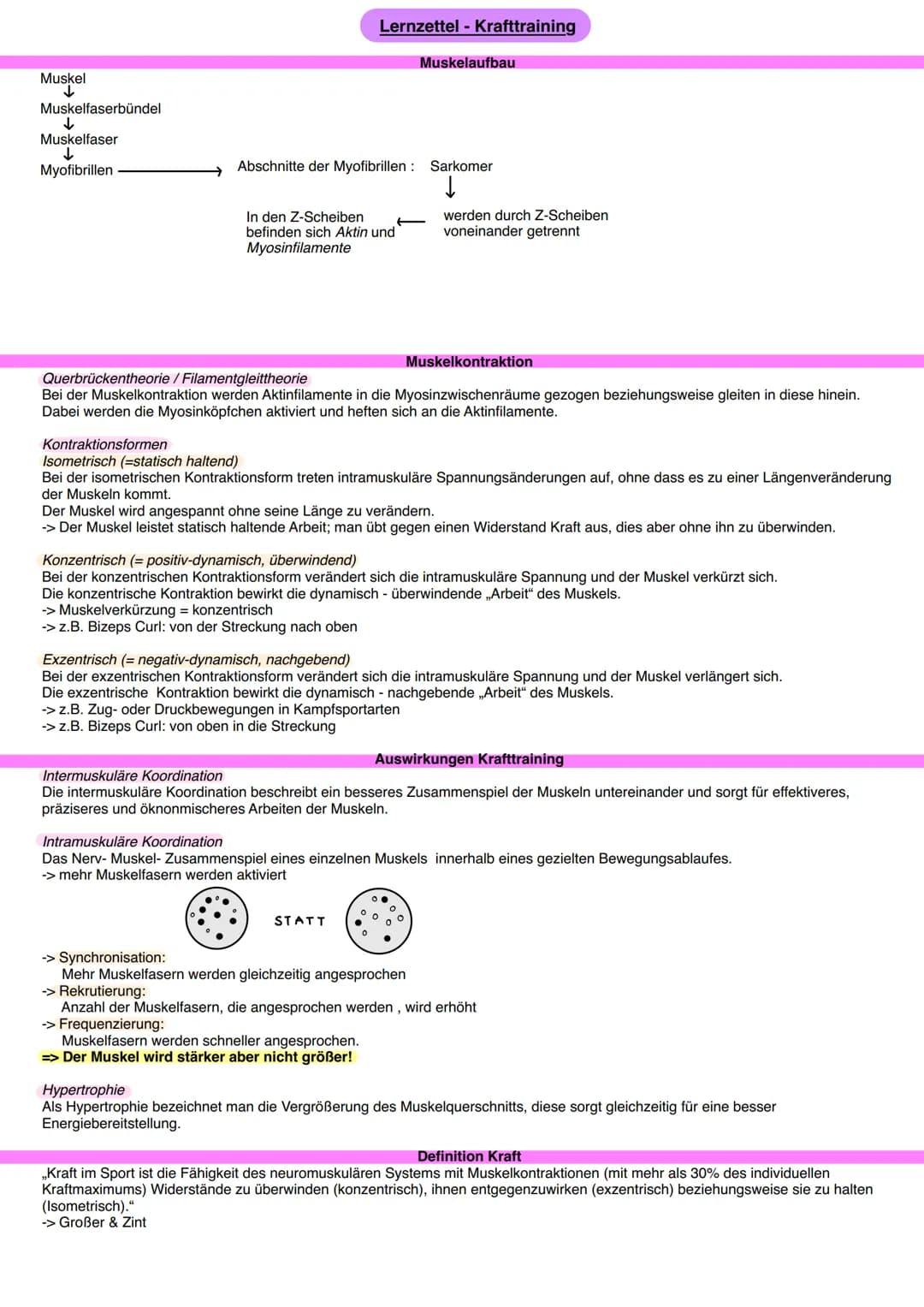 # Lernzettel - Krafttraining
Muskel
↓
Muskelfaserbündel
↓
Muskelfaser
Myofibrillen
Muskelaufbau
Abschnitte der Myofibrillen: Sarkomer
↓