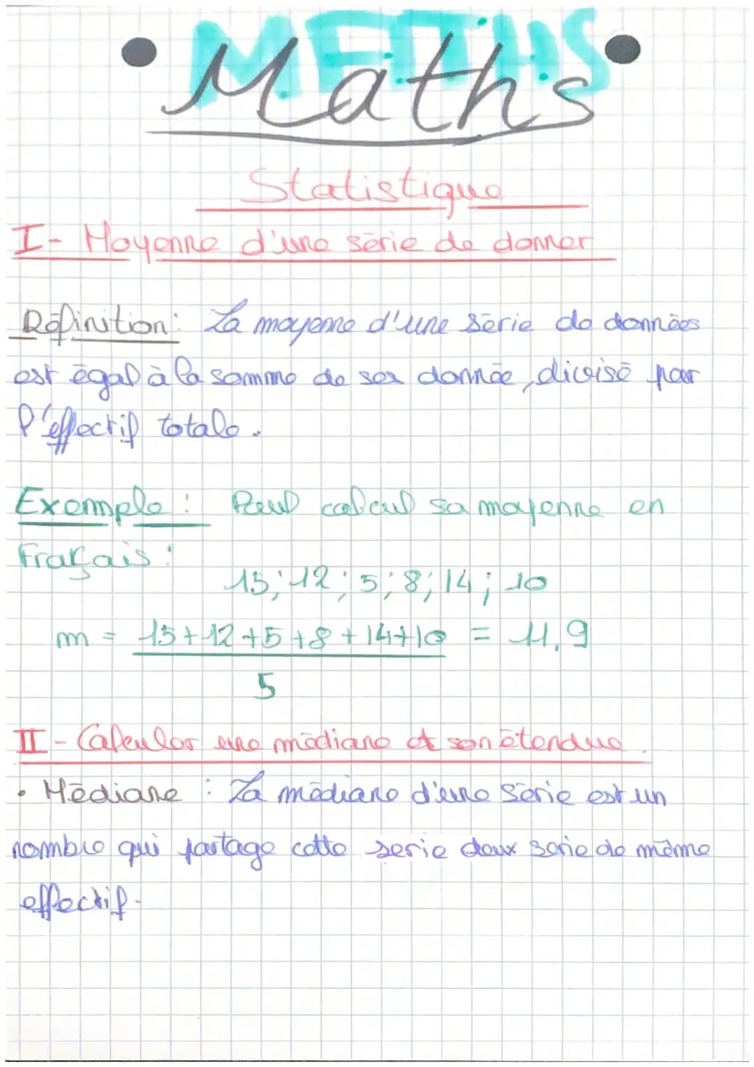 # Maths
Statistique
I- Moyenne d'une sèrie de donner
Réfinition: La mayeme d'une serie do données.
est égal à la somme de sex donnée, div