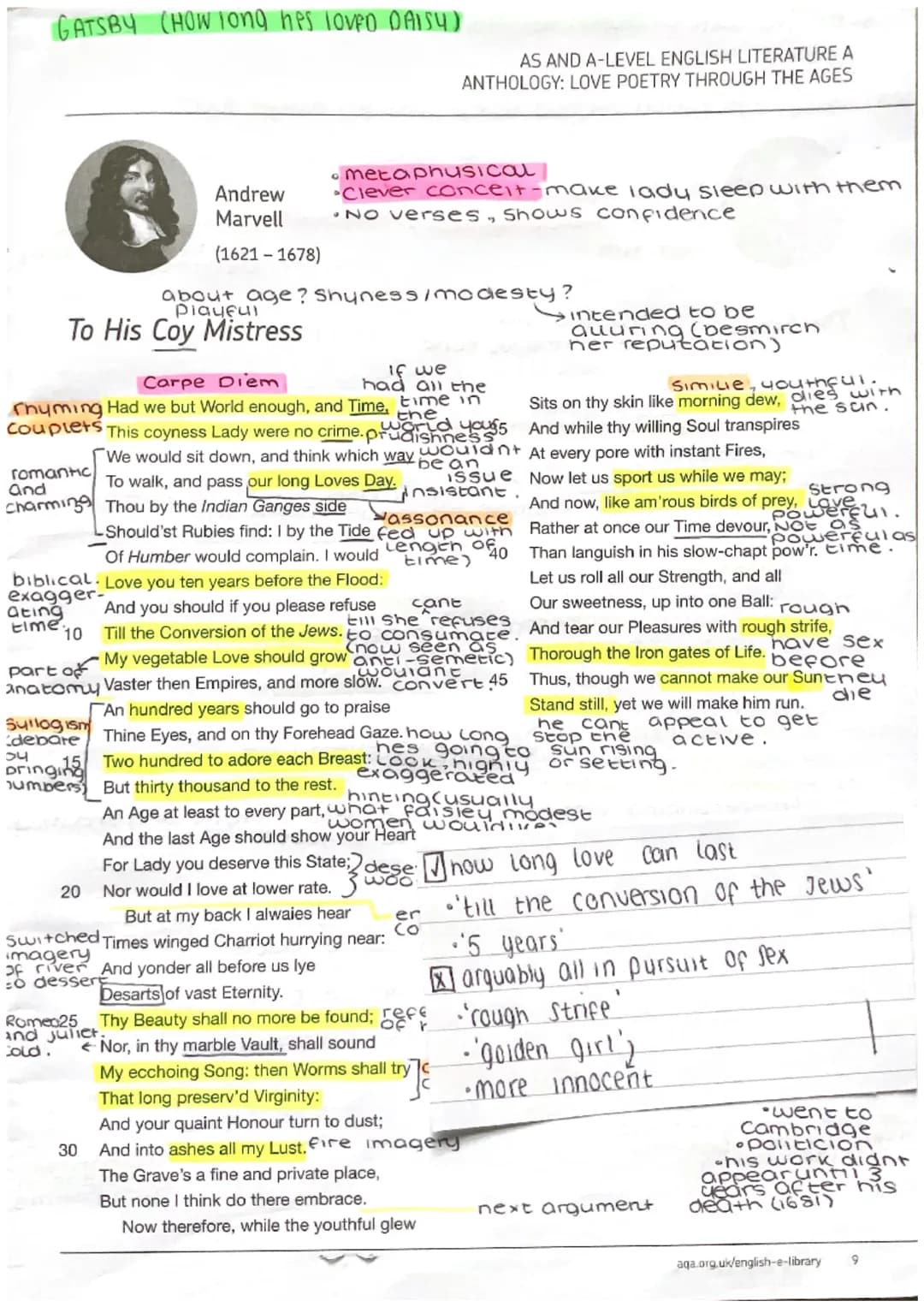 # GATSBY (HOW long hes LOVED DAISY)
AS AND A-LEVEL ENGLISH LITERATURE A
ANTHOLOGY: LOVE POETRY THROUGH THE AGES
Andrew
Marvell
(1621-1678