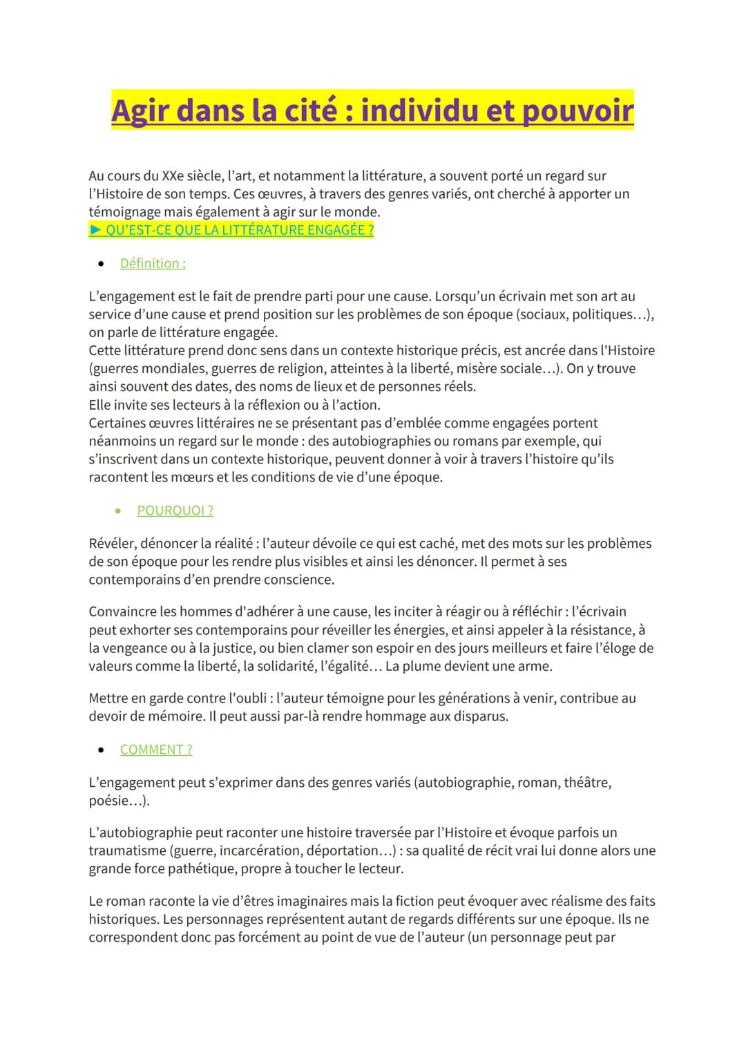 # Agir dans la cité : individu et pouvoir
Au cours du XXe siècle, l'art, et notamment la littérature, a souvent porté un regard sur
l'Histo