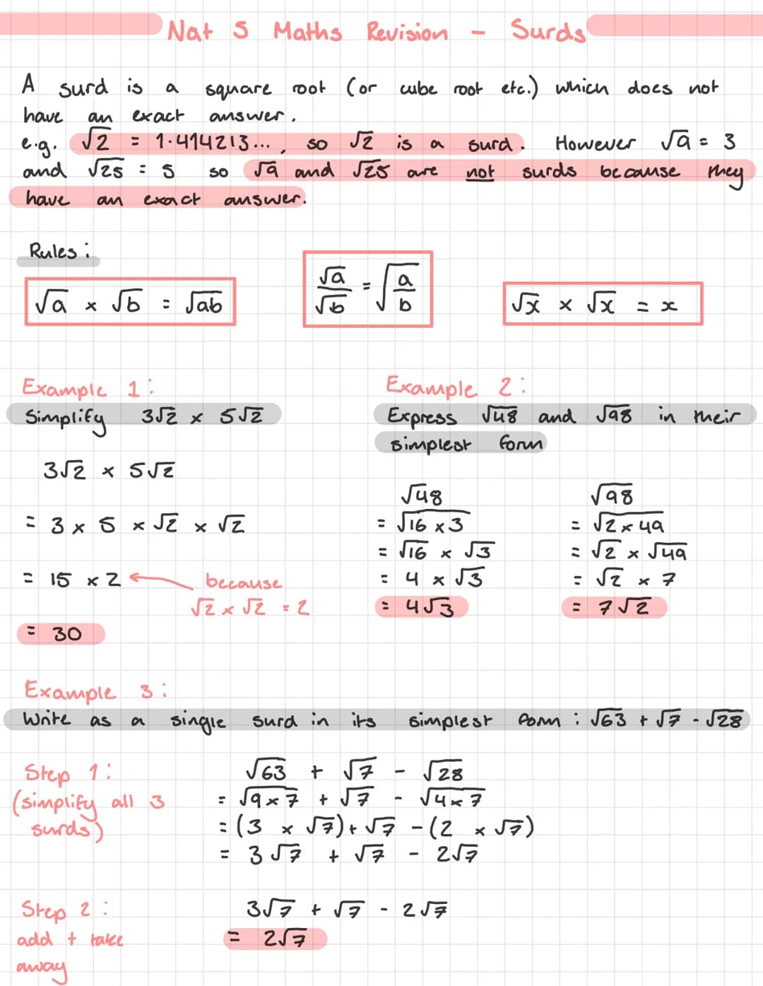 # Nat S Maths Revision - Surds
A surd is a square root (or cube root etc.) which does not
have an exact answer.
e.g. √2 = 1-414213..., so √