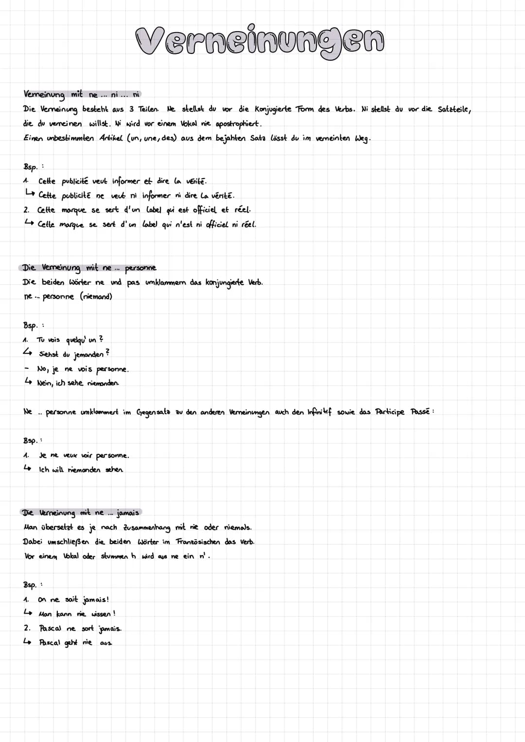 # Verneinungen
Vemeinung mit ne... ni... ni
Die Verneinung besteht aus 3 Teilen. Ne stellst du vor die Konjugierte Form des Verbs. Ni stel