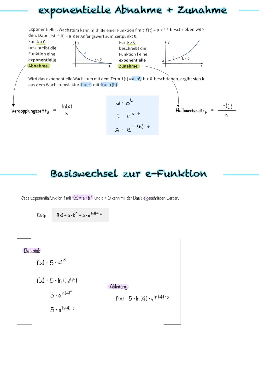 A:
e-Funktion # e - Funktion
- Die e-Funktion stimmt mit ihrer Ableitung überein: f(x) = $e^x$ mit f'(x) = $e^x$
- Die Exponentialfunktion