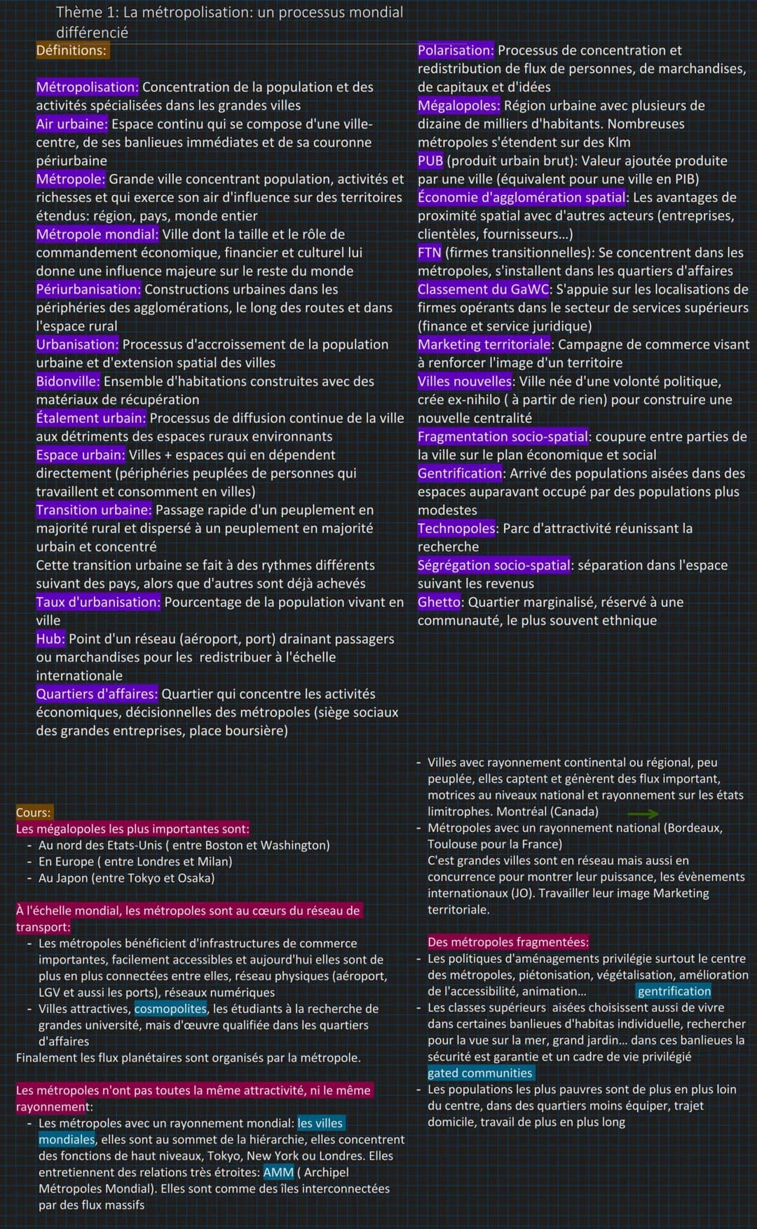# Thème 1: La métropolisation: un processus mondial
différencié
Définitions:
Métropolisation: Concentration de la population et des
activi