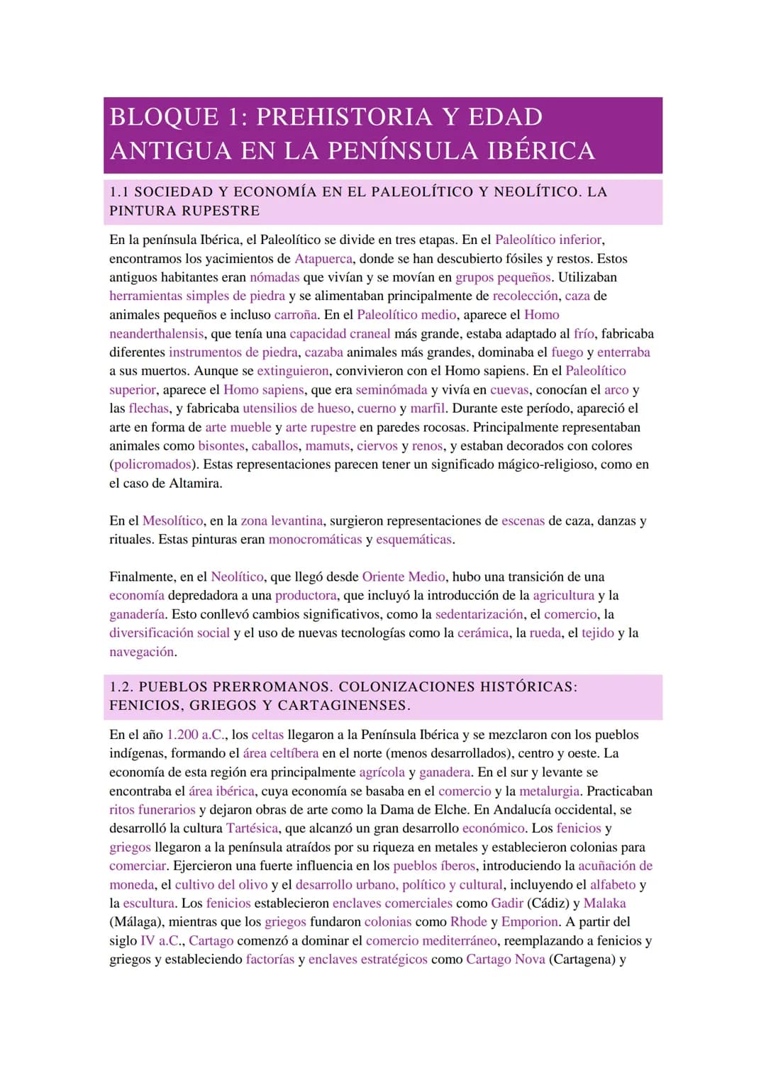 # BLOQUE 1: PREHISTORIA Y EDAD
ANTIGUA EN LA PENÍNSULA IBÉRICA
1.1 SOCIEDAD Y ECONOMÍA EN EL PALEOLÍTICO Y NEOLÍTICO. LA
PINTURA RUPESTRE