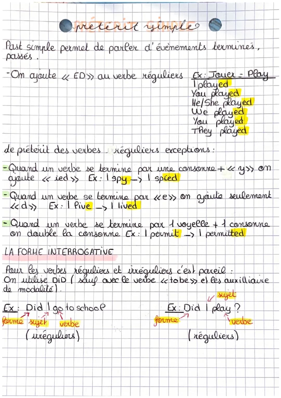 # prétérit simple
Past simple permet de parler d'événements termines,
passés.
-Om ajoute << ED>> au verbe réguliers Ex: Jouer = Play
I pl