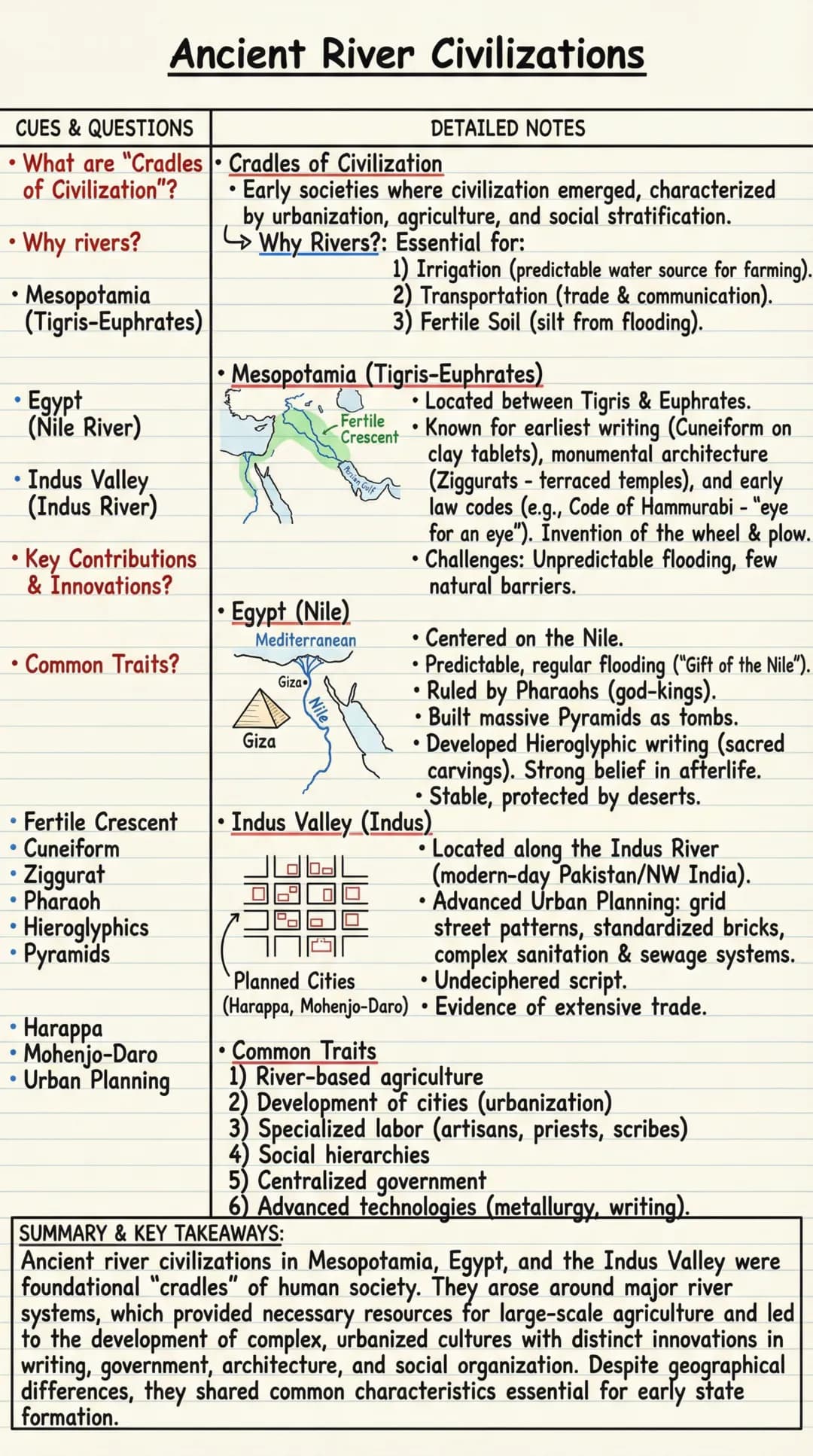 # Ancient River Civilizations
CUES & QUESTIONS | DETAILED NOTES
---|---
• What are "Cradles | • Cradles of Civilization
of Civilization"? |