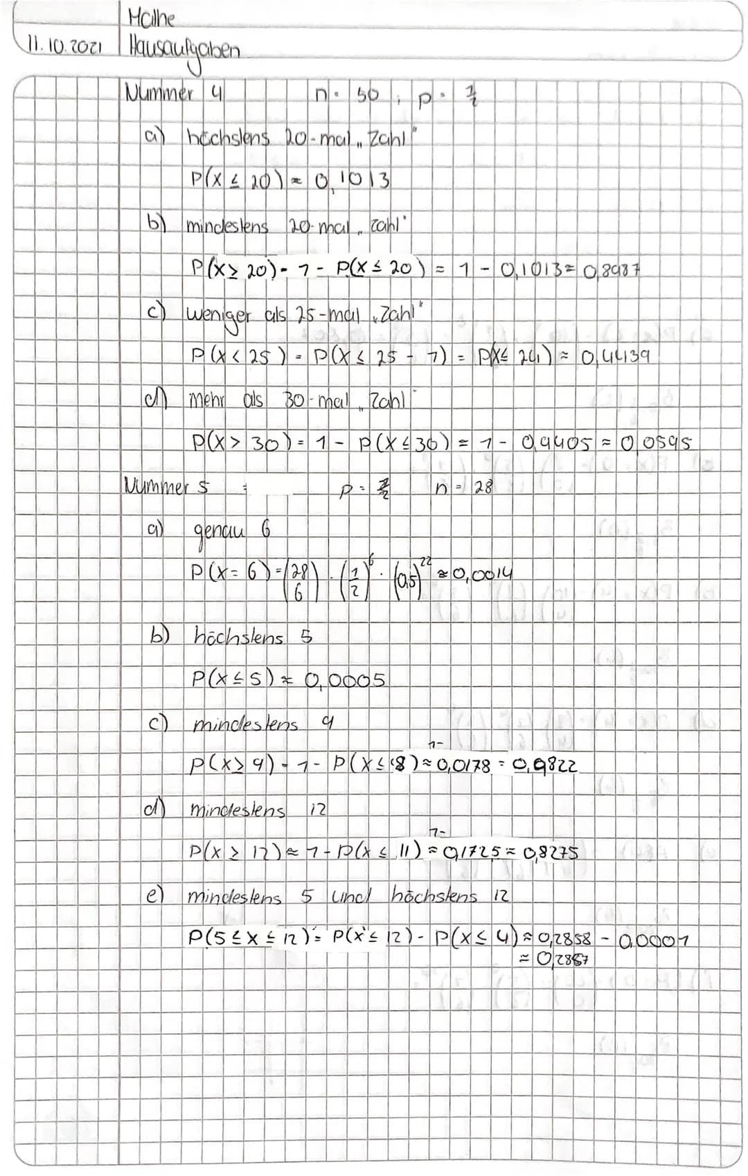 # 4. Kumulierte Wahrscheinlichkeit
Definition: Die Wahrscheinlichkeit P(X≤k) = P(X=0) + P(X=1)+...+ P(X=k) heißt
kumulierte Wahrscheinlichk
