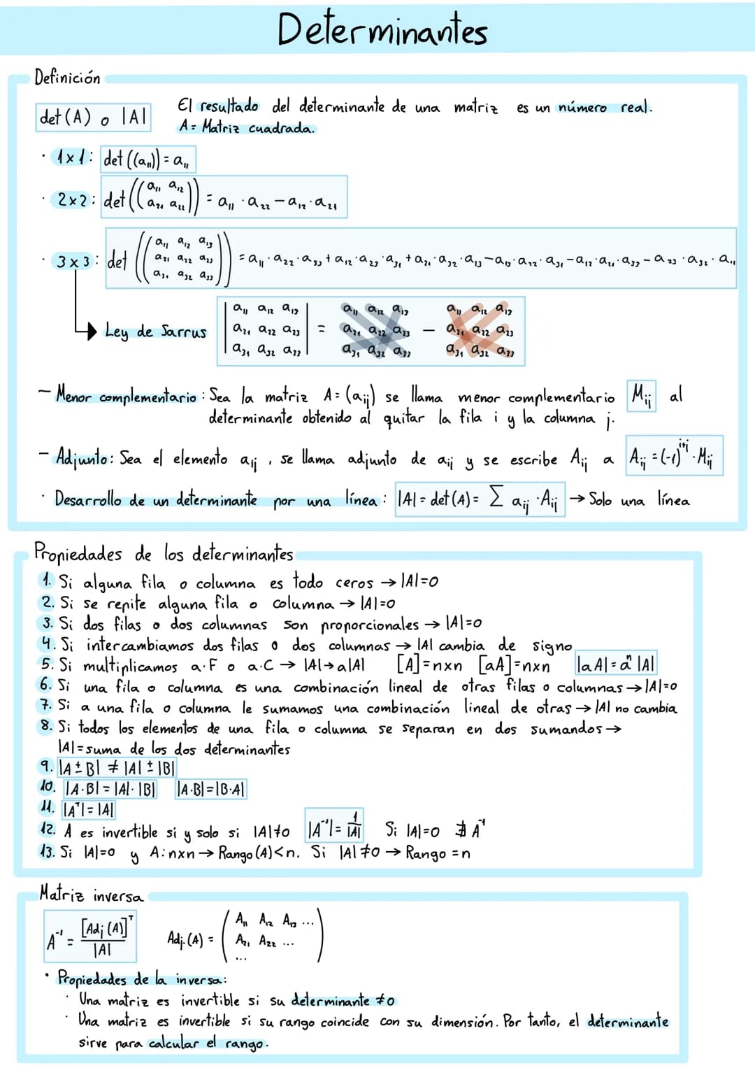# Determinantes
Definición
det (A) o IA|
El resultado del determinante de una matriz es un número real.
A: Matriz cuadrada.
1x 1: det ((