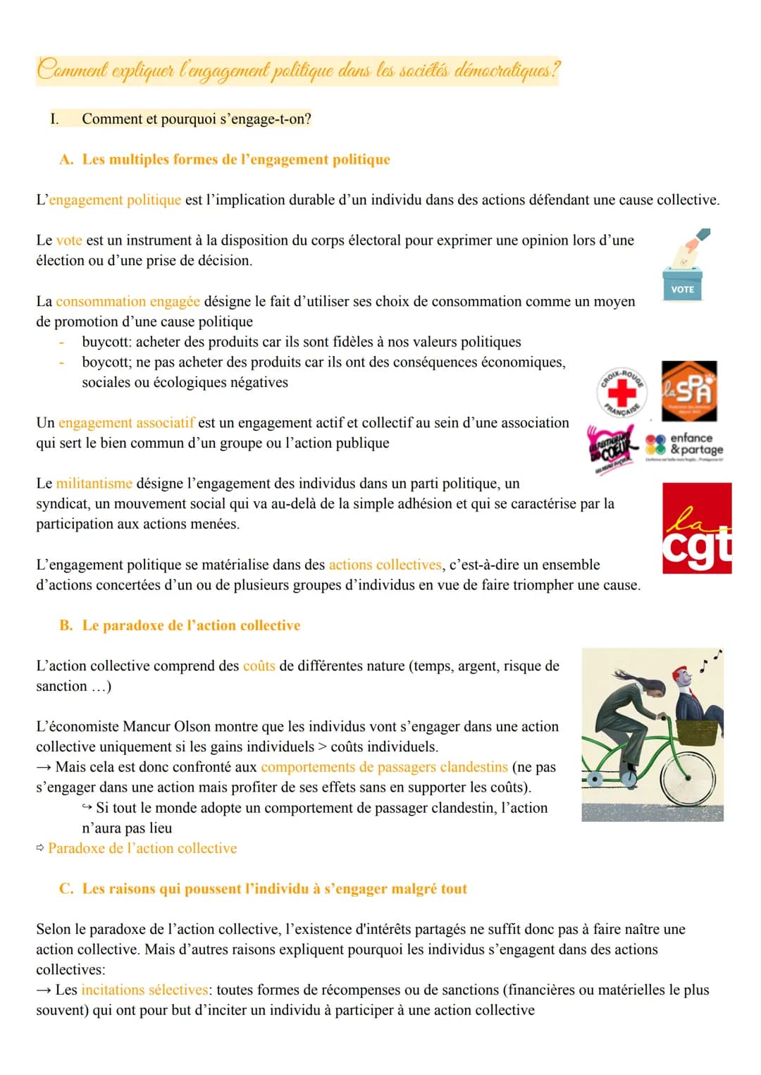 # Comment expliquer l'engagement politique dans les sociétés démocratiques?
I. Comment et pourquoi s'engage-t-on?
A. Les multiples formes