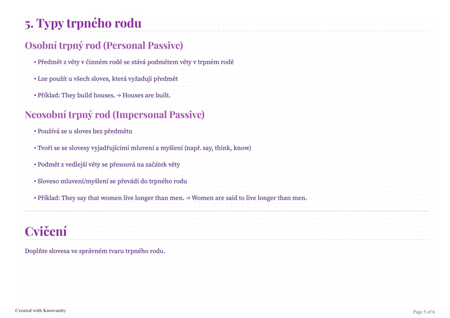 # Trpný rod v angličtině
Přehled pravidel a použití trpného rodu v angličtině s praktickým cvičením.
# Trpný rod (Passive Voice)
## 1. Po