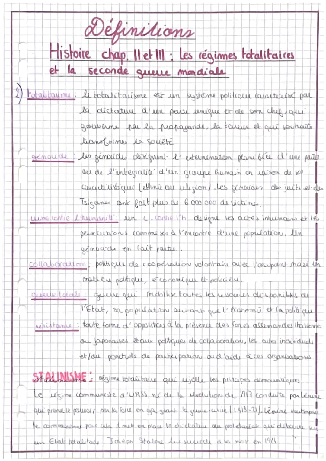 # Définitions
Histoire chap. 11 et 111 : Les régimes totalitaires
et la seconde queue mondiale
2) Fotalitaume, le totalitarisme est un sys