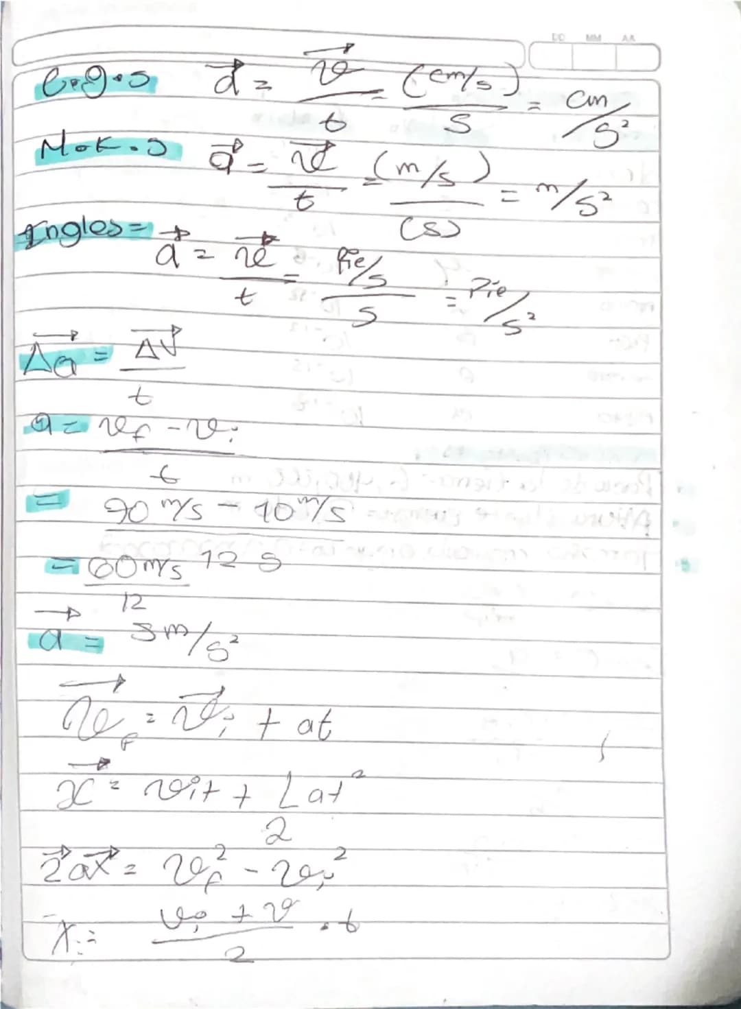 ~\n\nV=Velocidad - V = rapidez\n$g_t = \frac{x}{t}$ \n$B_x = x_f - x_i$\n$b.h = A$\n$\frac{y}{x} = k$ v $y = kx$\n\nvelocidad:\n$\vec{v} =