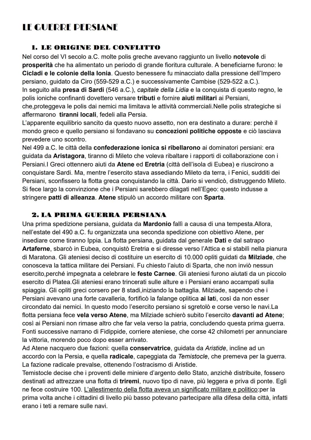 # LE GUERRE PERSIANE
1. LE ORIGINE DEL CONFLITTO
Nel corso del VI secolo a.C. molte polis greche avevano raggiunto un livello notevole di
p