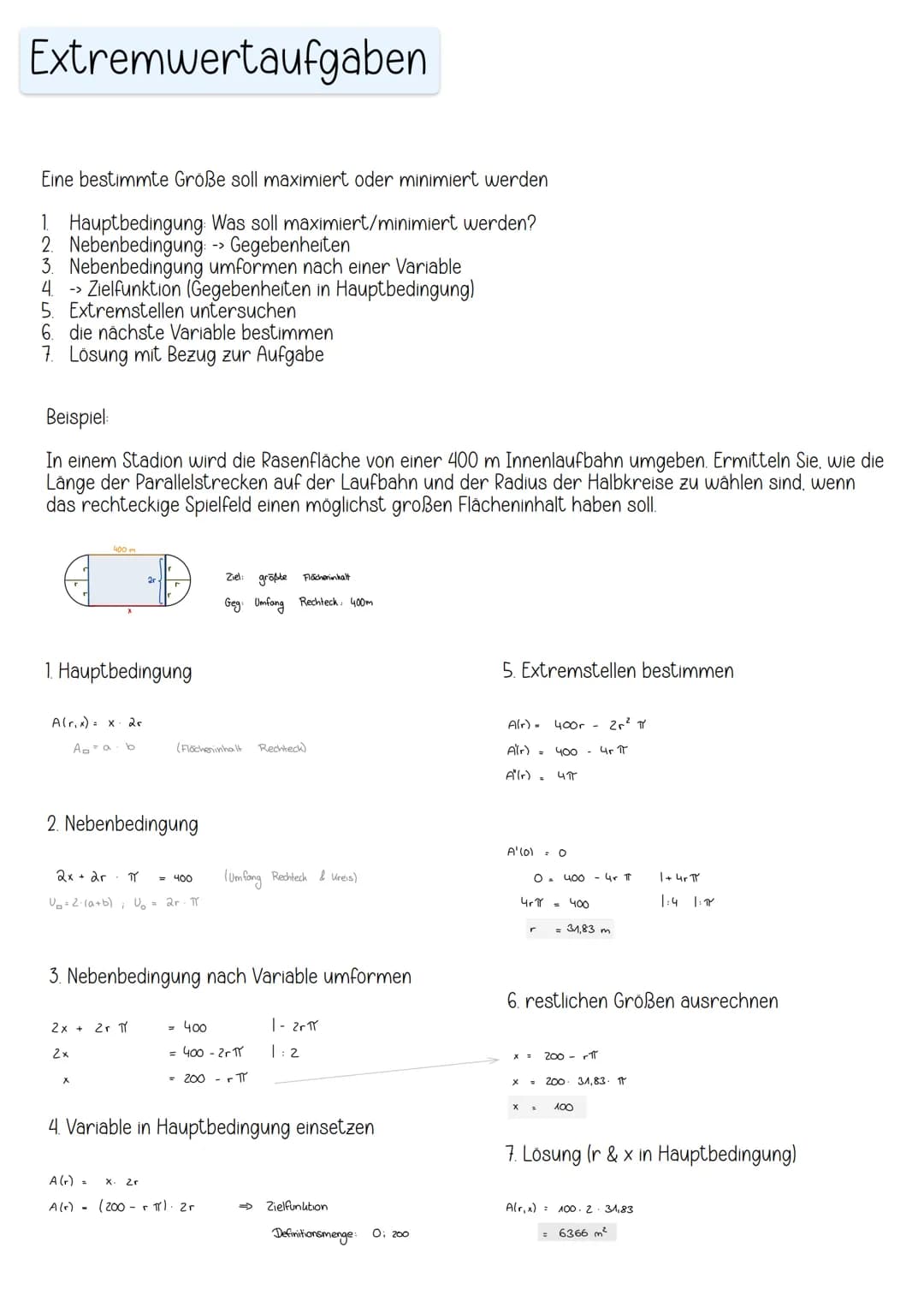 # Extremwertaufgaben
Eine bestimmte Größe soll maximiert oder minimiert werden
1. Hauptbedingung: Was soll maximiert/minimiert werden?
2.
