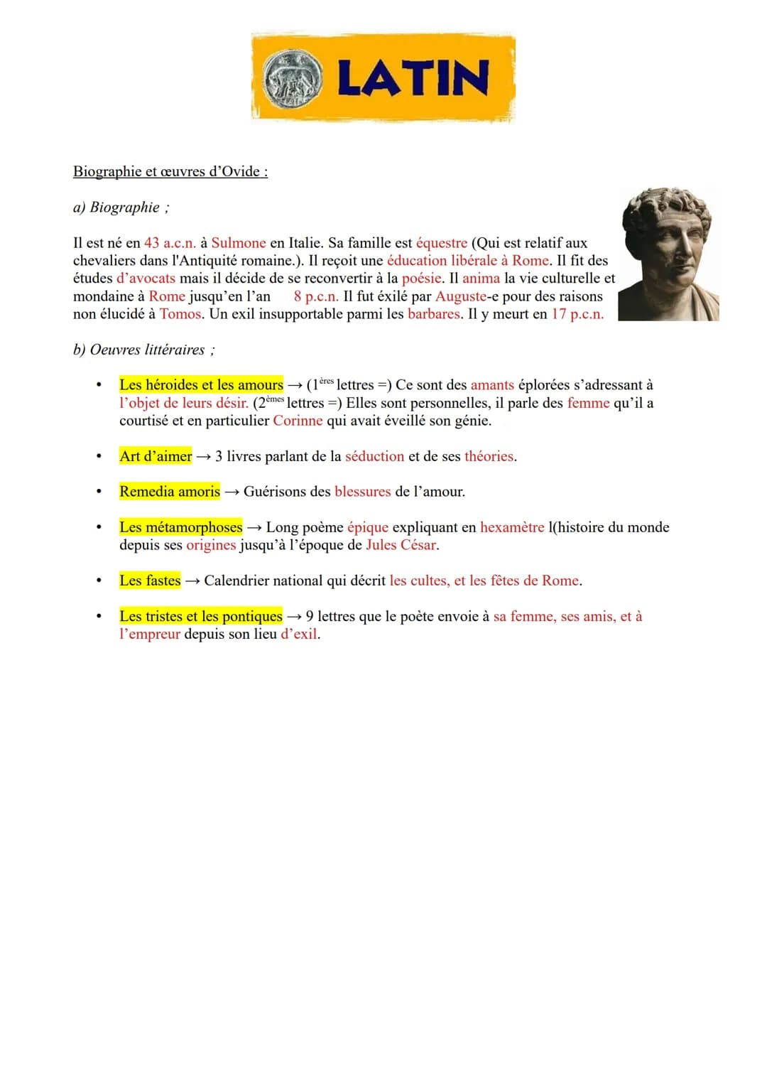 # LATIN
Biographie et œuvres d'Ovide:
a) Biographie;
Il est né en 43 a.c.n. à Sulmone en Italie. Sa famille est équestre (Qui est relatif