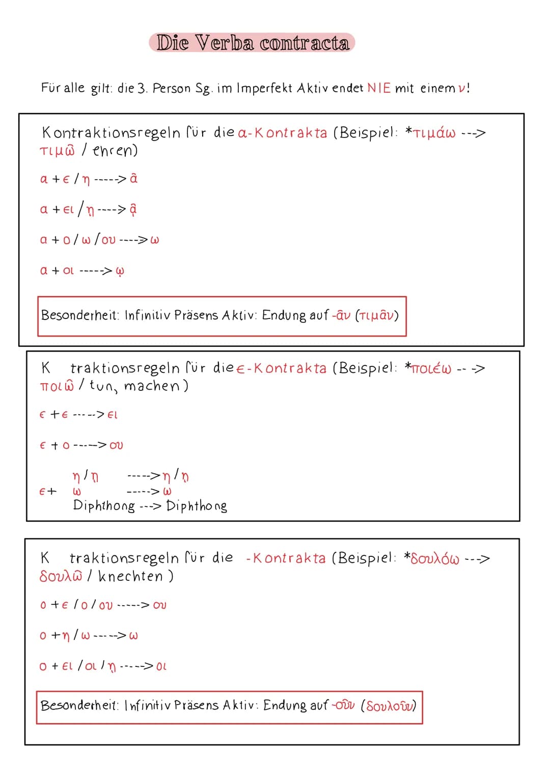 # Die Verba contracta
Für alle gilt: die 3. Person Sg. im Imperfekt Aktiv endet NIE mit einem v!
Kontraktionsregeln für die a-Kontrakta (B