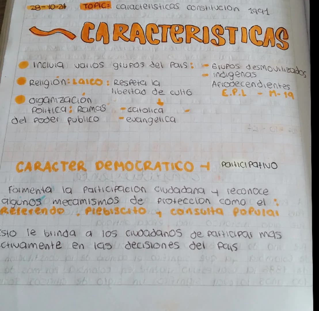 28-10-24
TOPIC: caracteristicas constitucion 1991
CARACTERISTICAS
Incluia varios grupos del pars: Grupos desmovilizados
Religión: Laico: R