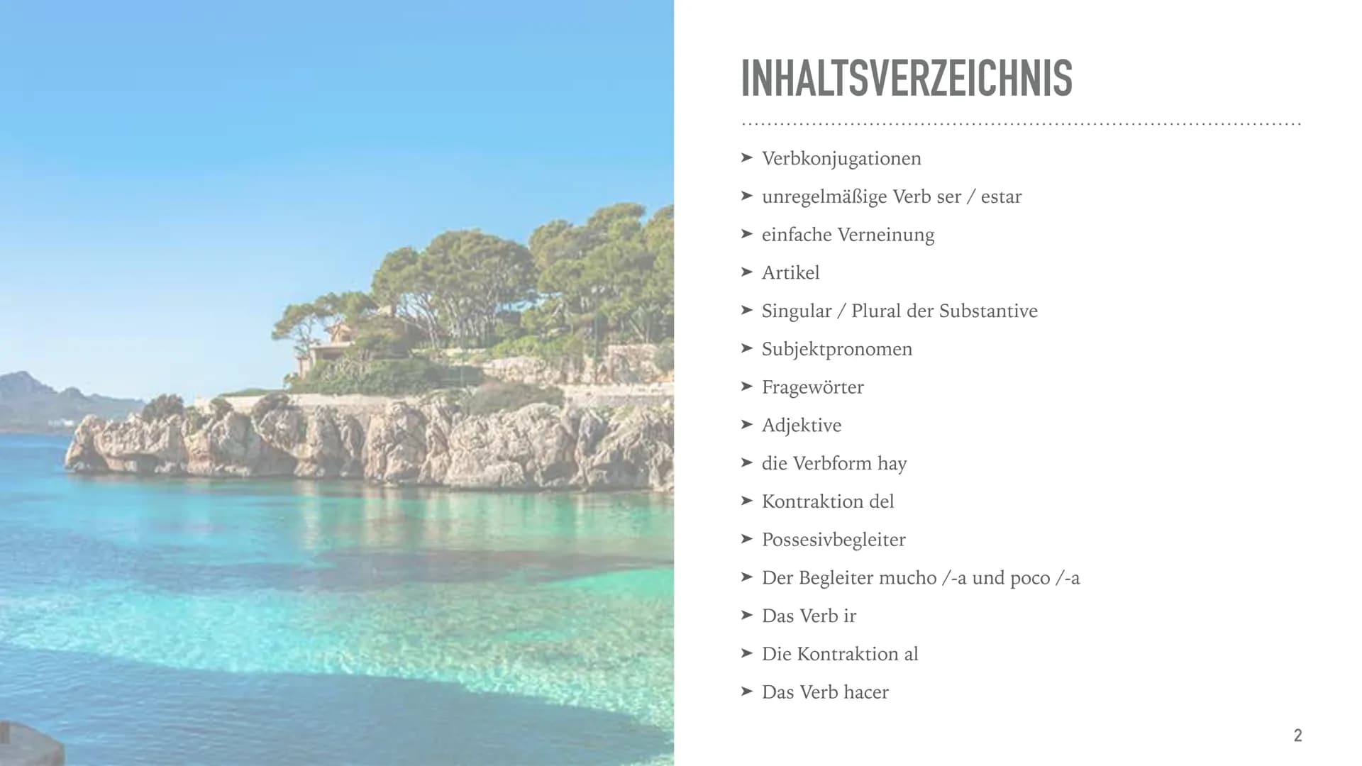 # SPANISCHE GRAMMATIK
AbiGe INHALTSVERZEICHNIS
➤ Verbkonjugationen
unregelmäßige Verb ser / estar
einfache Verneinung
➤ Artikel
➤ Sing