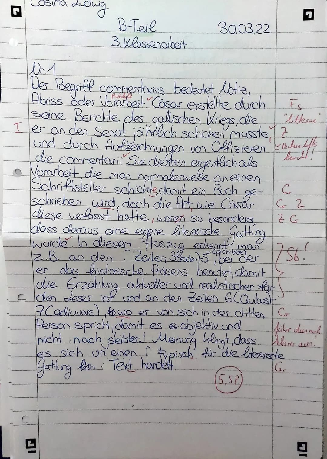 Klasse: 10
LATEIN - Klassenarbeit Nr. 3
30.03.2022
Thema: Caesar - De bello Gallico
Bene tibi!
Name: Cosima
A: ÜBERSETZUNG
(Bewertung