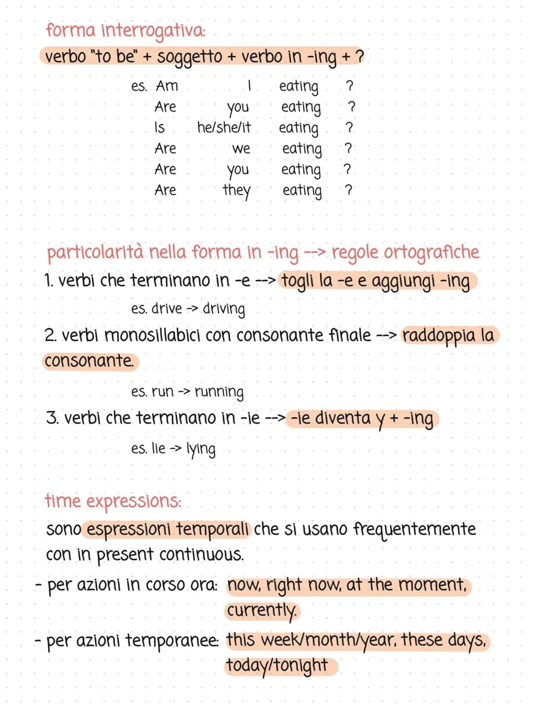 present continuous
si usa per:
1. azioni in corso nel momento in cui si parla.
es. I am studying english right now.
2. azioni temporanee
es.