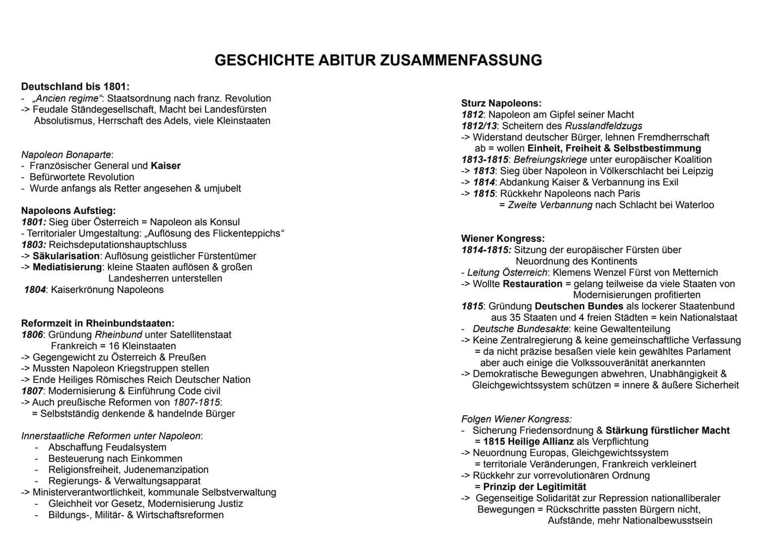 # GESCHICHTE ABITUR ZUSAMMENFASSUNG
Deutschland bis 1801:
- „Ancien regime": Staatsordnung nach franz. Revolution
- > Feudale Ständegesells
