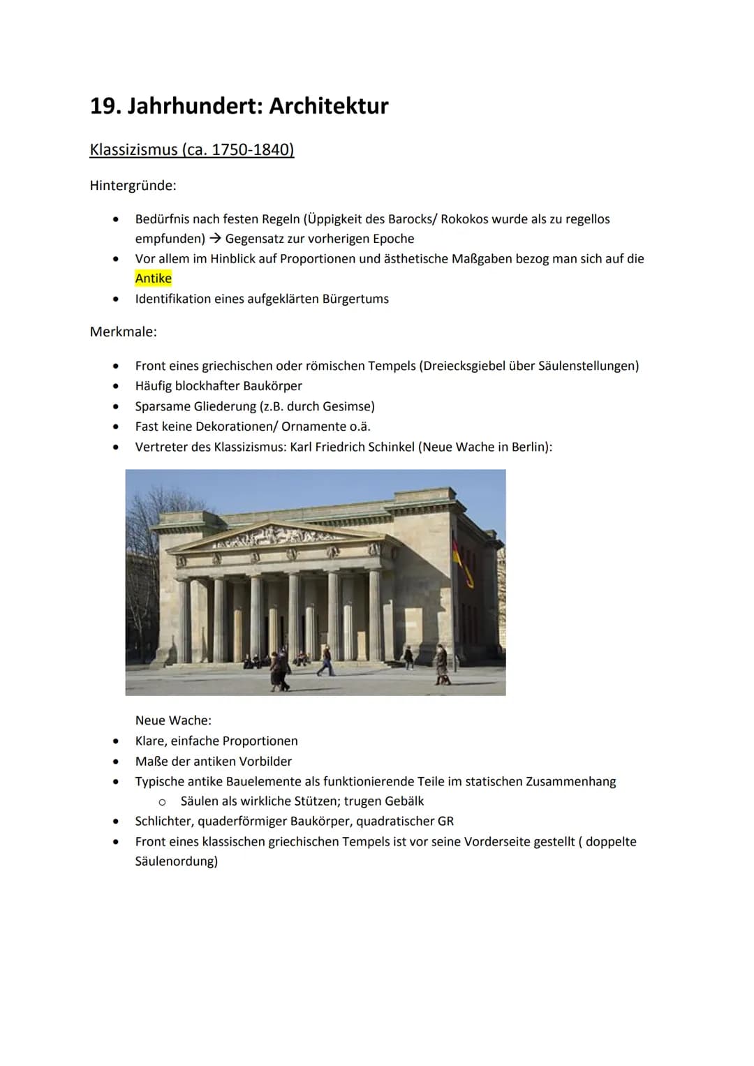 # 19. Jahrhundert: Architektur
Klassizismus (ca. 1750-1840)
Hintergründe:
- Bedürfnis nach festen Regeln (Üppigkeit des Barocks/ Rokokos