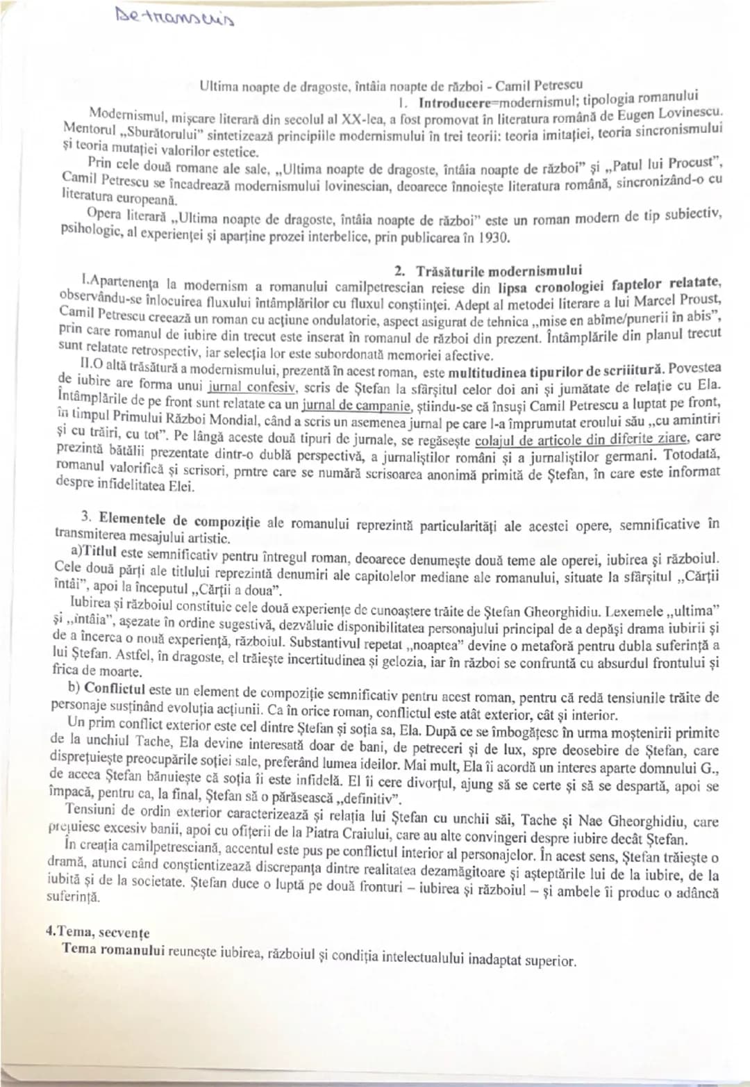 Setranscris
Ultima noapte de dragoste, întâia noapte de război - Camil Petrescu
1. Introducere modernismul; tipologia romanului
Modernism