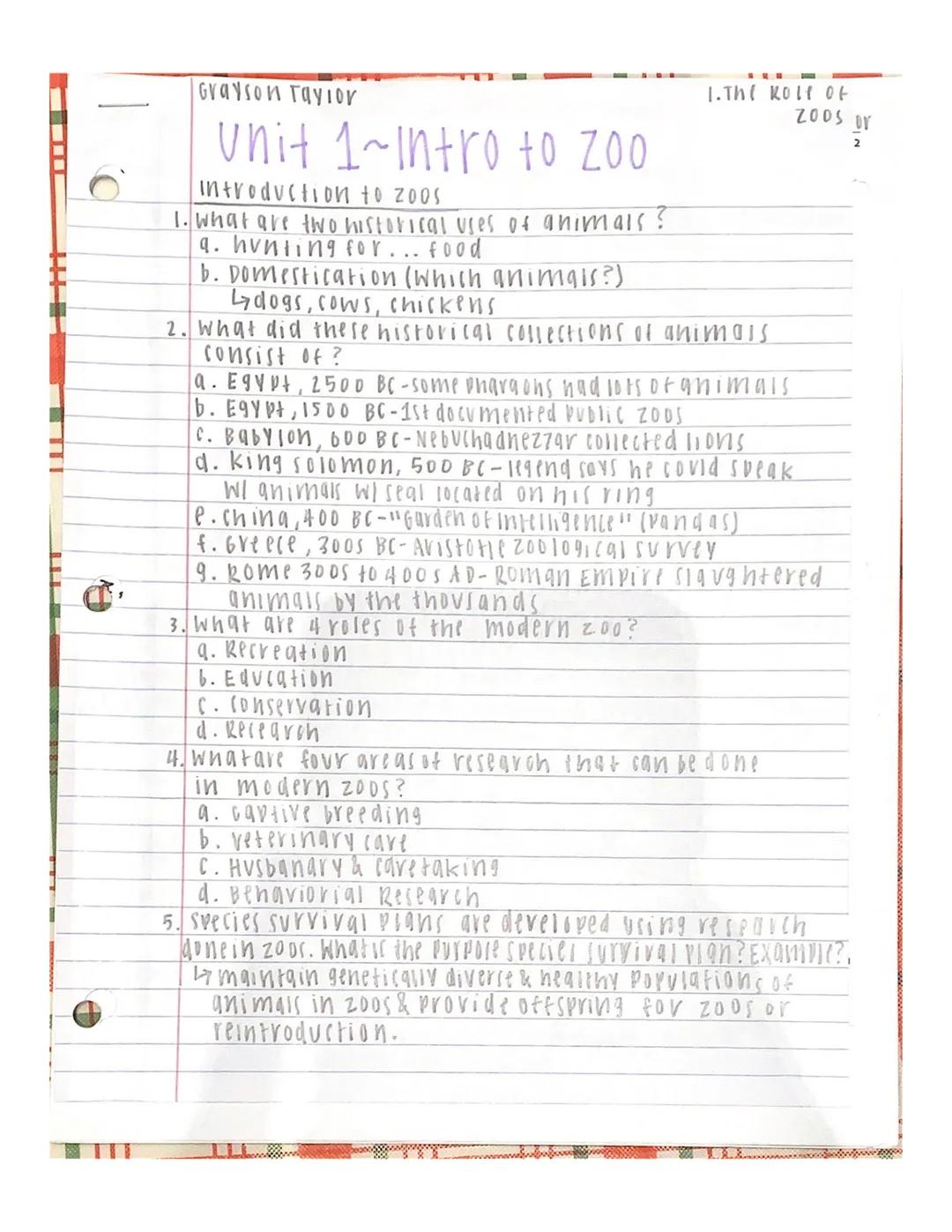 Grayson Tayior
Unit 1~Intro to zoo
introduction to zoos
1. What are two historical uses of animals?
a. hunting for... food
b. Domesticatio