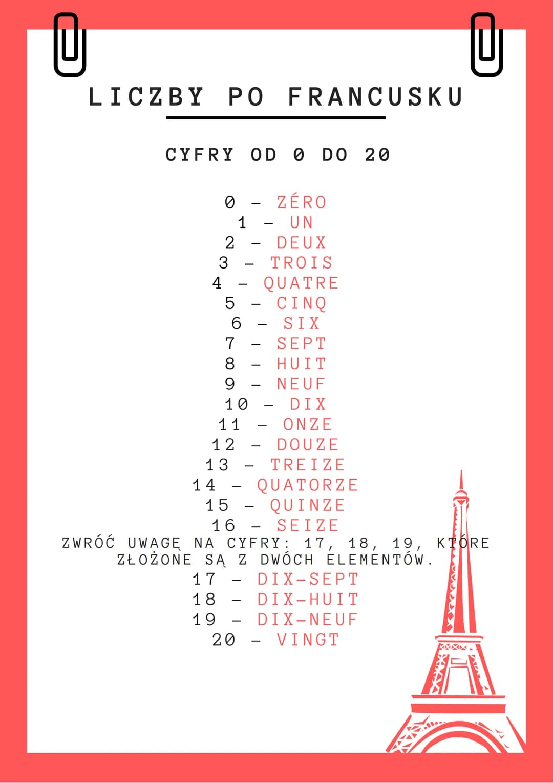 @
@
# LICZBY PO FRANCUSKU
## CYFRY OD O DO 20
- 0 - ZÉRO
- 1 - UN
- 2 - DEUX
- 3 - TROIS
- 4 - QUATRE
- 5 - CINQ
- 6 - SIX
- 7 - SEPT
- 8