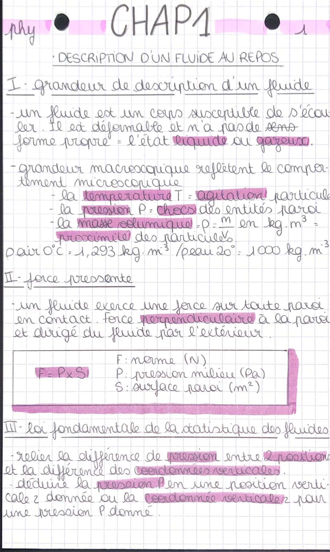phy CHAP1
DESCRIPTION D'UN FLUIDE AU REPOS
A
I grandeur de description d'un feuide
-un fluide est un corps susceptible de s'écou
ler. Il