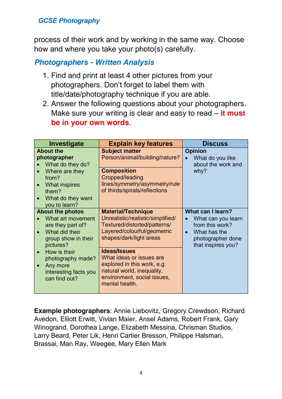# GCSE Photography
# GCSE Photography Guide
1 GCSE Photography
Mark Scheme and Checklist
AO1 Contextual
Understanding
Develop ideas
showin
