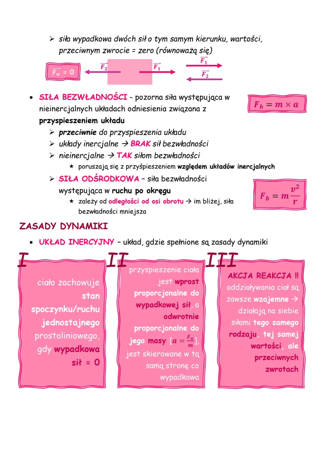 > siła wypadkowa dwóch sił o tym samym kierunku, wartości,
przeciwnym zwrocie = zero (równoważą się)
F2
Fw = 0
F1
F
F2
• SIŁA BEZWŁADNOŚCI