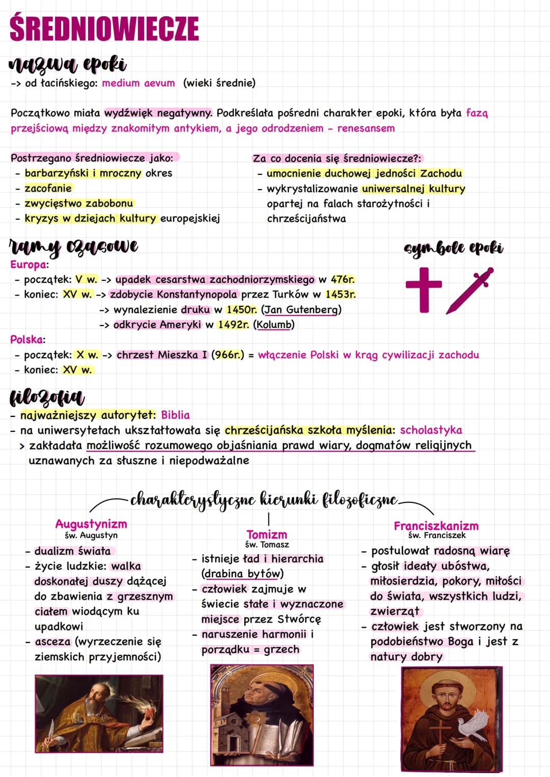 # ŚREDNIOWIECZE
nazwa epoki
-> od łacińskiego: medium aevum (wieki średnie)
Początkowo miała wydźwięk negatywny. Podkreślała pośredni char