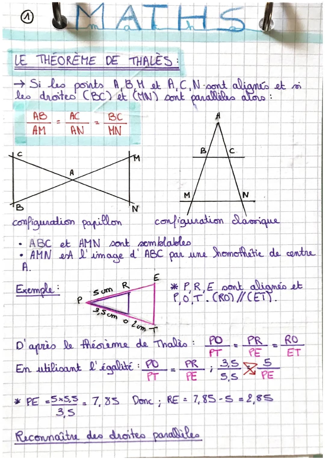 # MATHS
LE THEORÈME DE THALES:
→ Si les points A,B,M et A, C, N sont alignés et si
les droites (BC) et (MN) sont paralleles alors:
$\frac