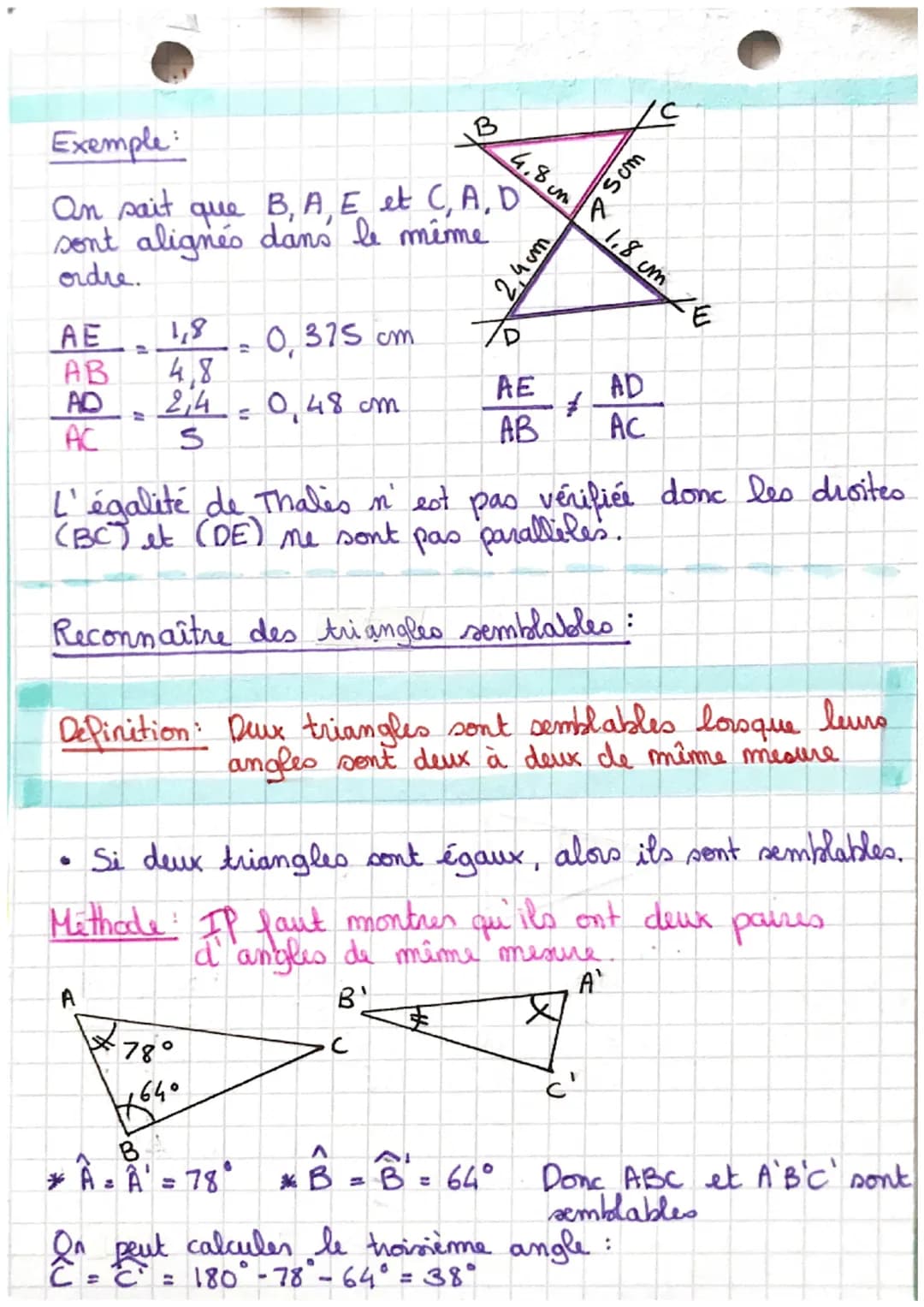 # MATHS
LE THEORÈME DE THALES:
→ Si les points A,B,M et A, C, N sont alignés et si
les droites (BC) et (MN) sont paralleles alors:
$\frac