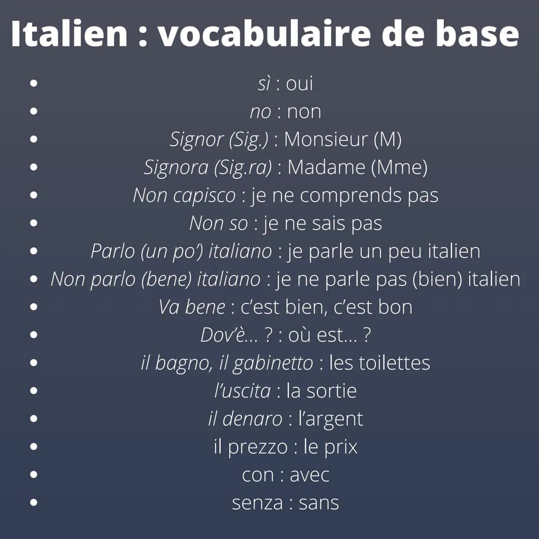 <p>Le vocabulaire de base en italien comprend des phrases et des mots couramment utilisés. Si vous souhaitez apprendre l'italien, voici que