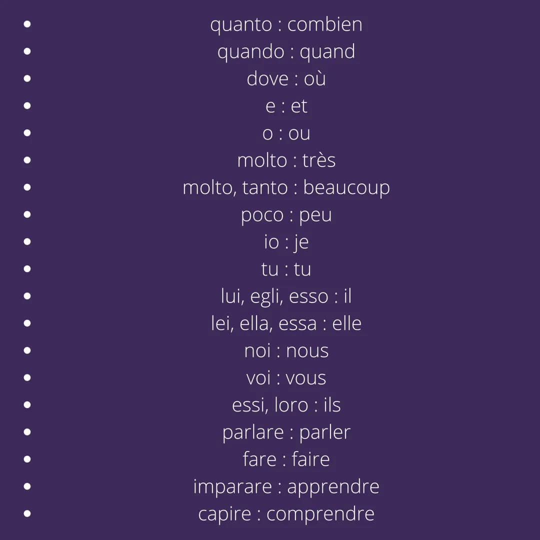 <p>Le vocabulaire de base en italien comprend des phrases et des mots couramment utilisés. Si vous souhaitez apprendre l'italien, voici que